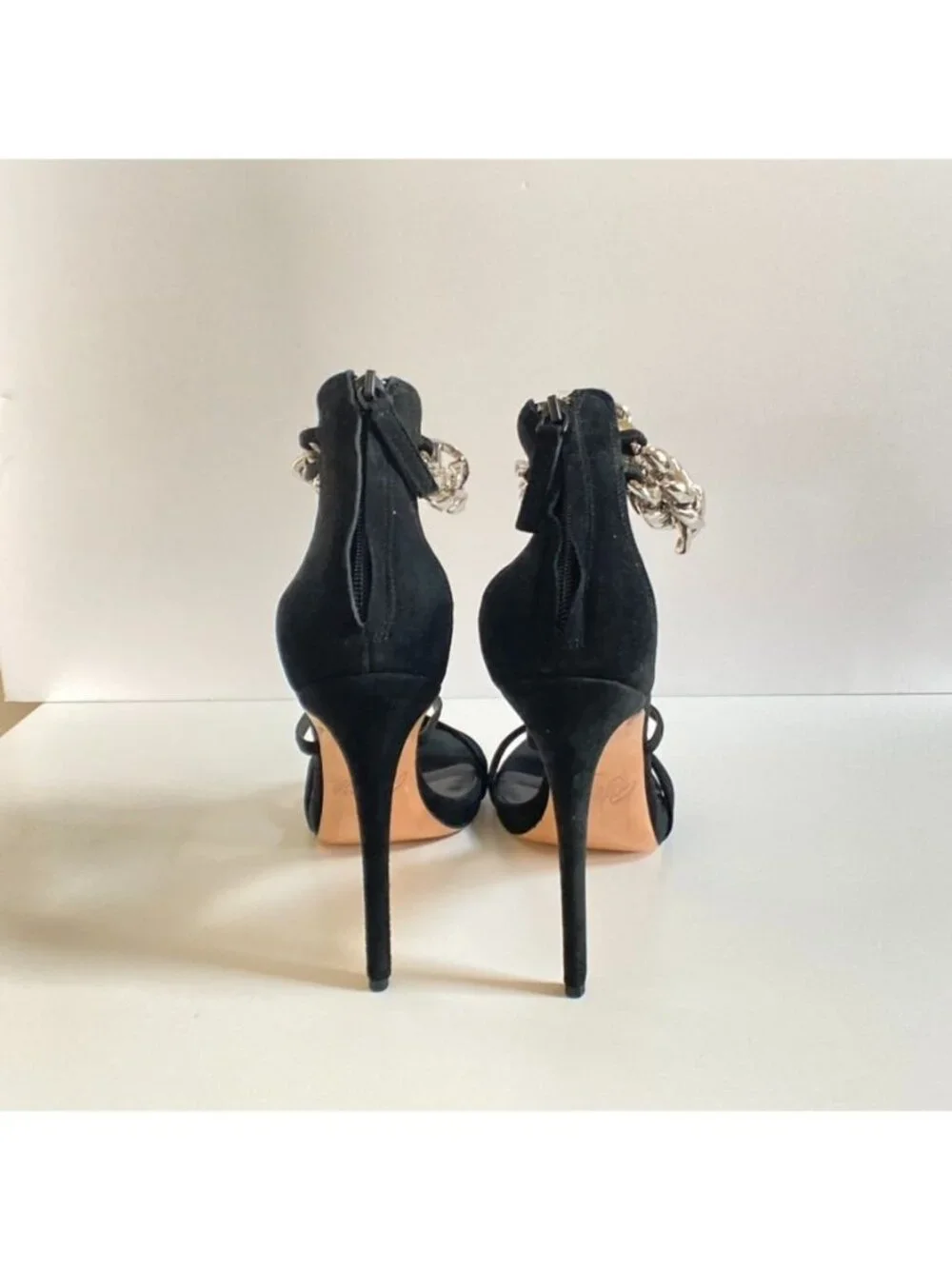 AMINAH ABDUL JILLIL Black Suede Ankle Strap Heels With Silver Chain size 11 - Picture 4 of 10
